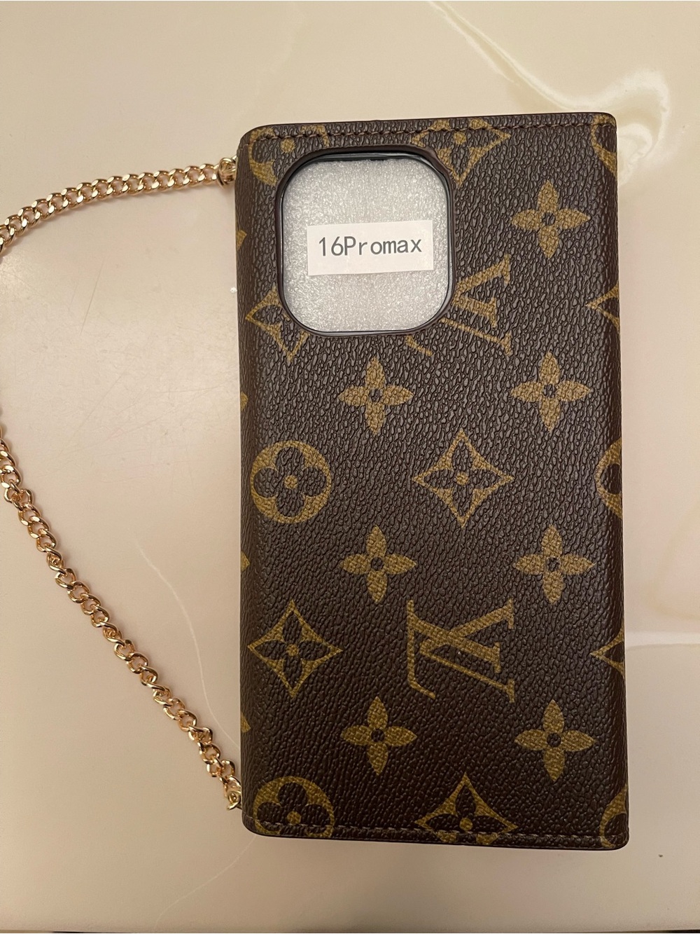 Designer Inspired Monogram Brown Case for 16 Pro Max with Chain & Shoulder Strap
